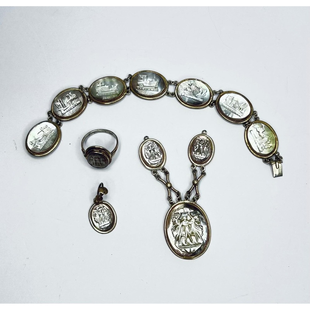 Antique Italian Cameo Jewelry Set Roman Gods Goddesses Mother of Pearl Valentine